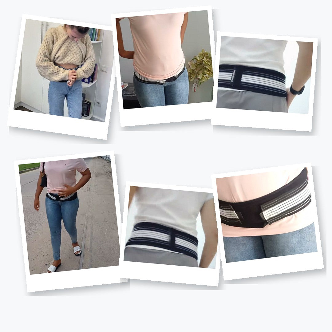 Four people wearing the LENDA belt low on the hips under everyday clothes
