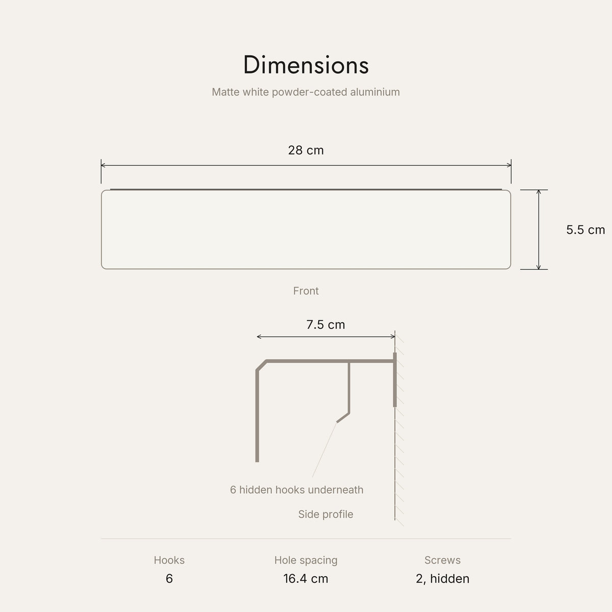 Key Shelf dimensions 28 x 5.5 x 7.5 cm