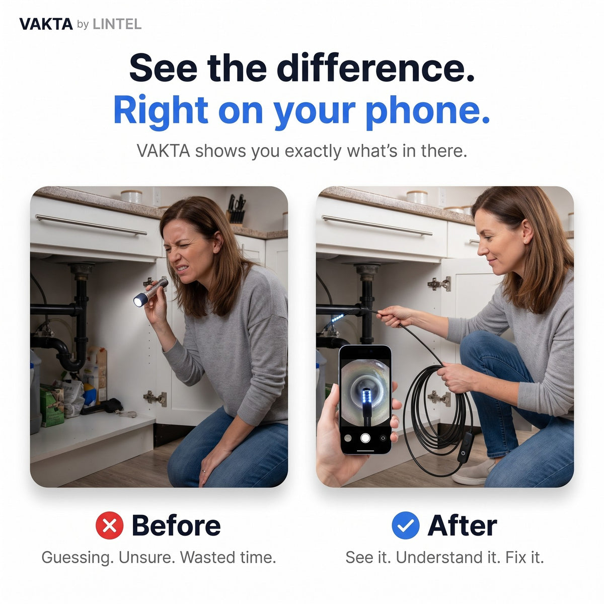 Before and after: guessing with a torch versus seeing it live on the phone