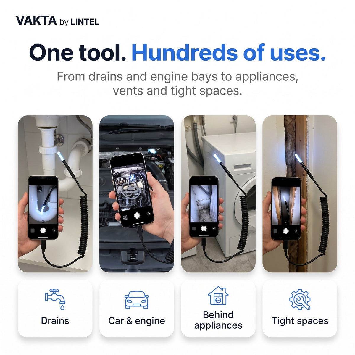 One tool, hundreds of uses: drains, car and engine, behind appliances, tight spaces