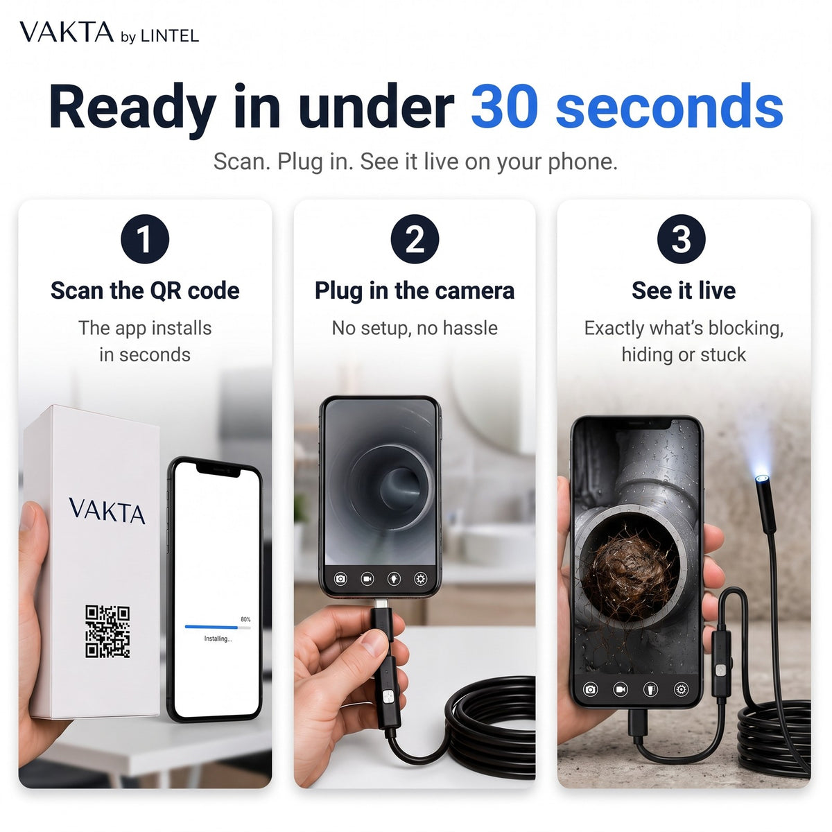 Ready in under 30 seconds: scan, plug in, see it live