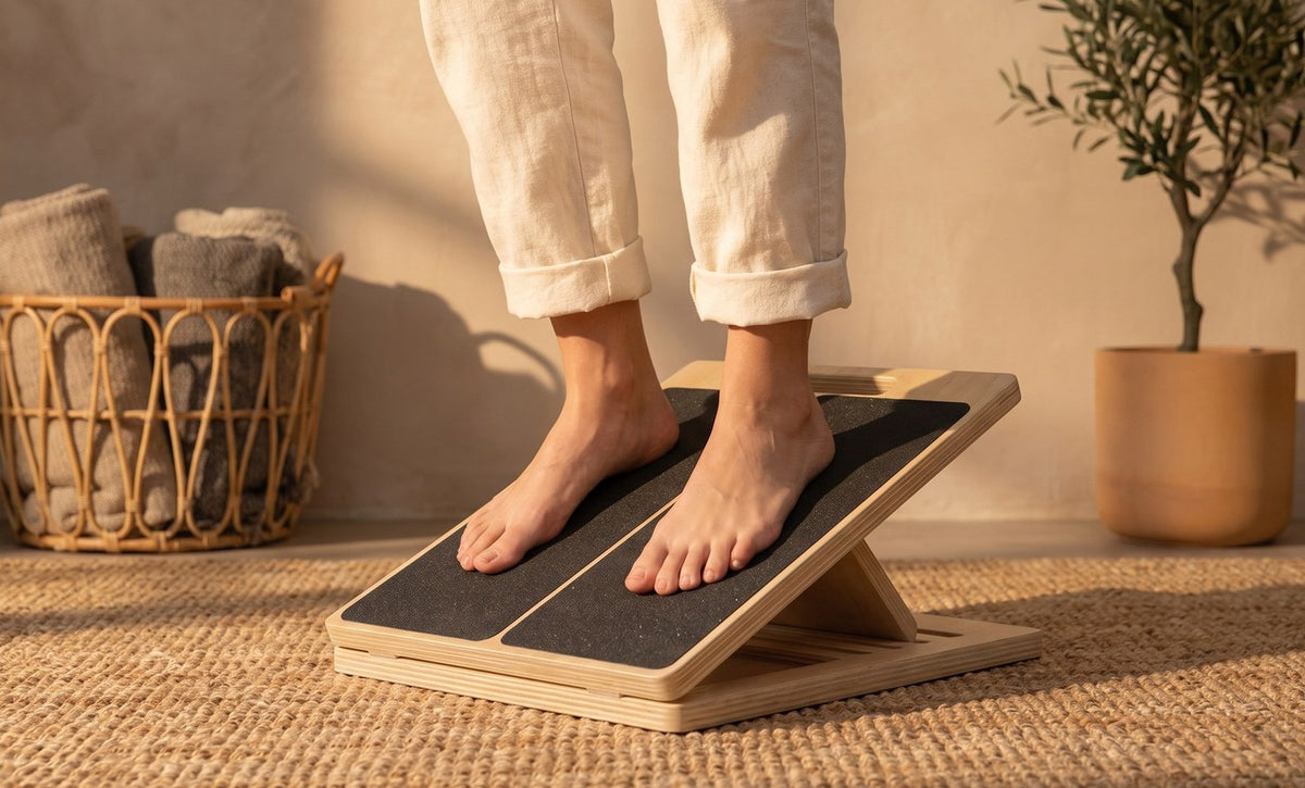 Bare feet on the Incline Stretch Board at home