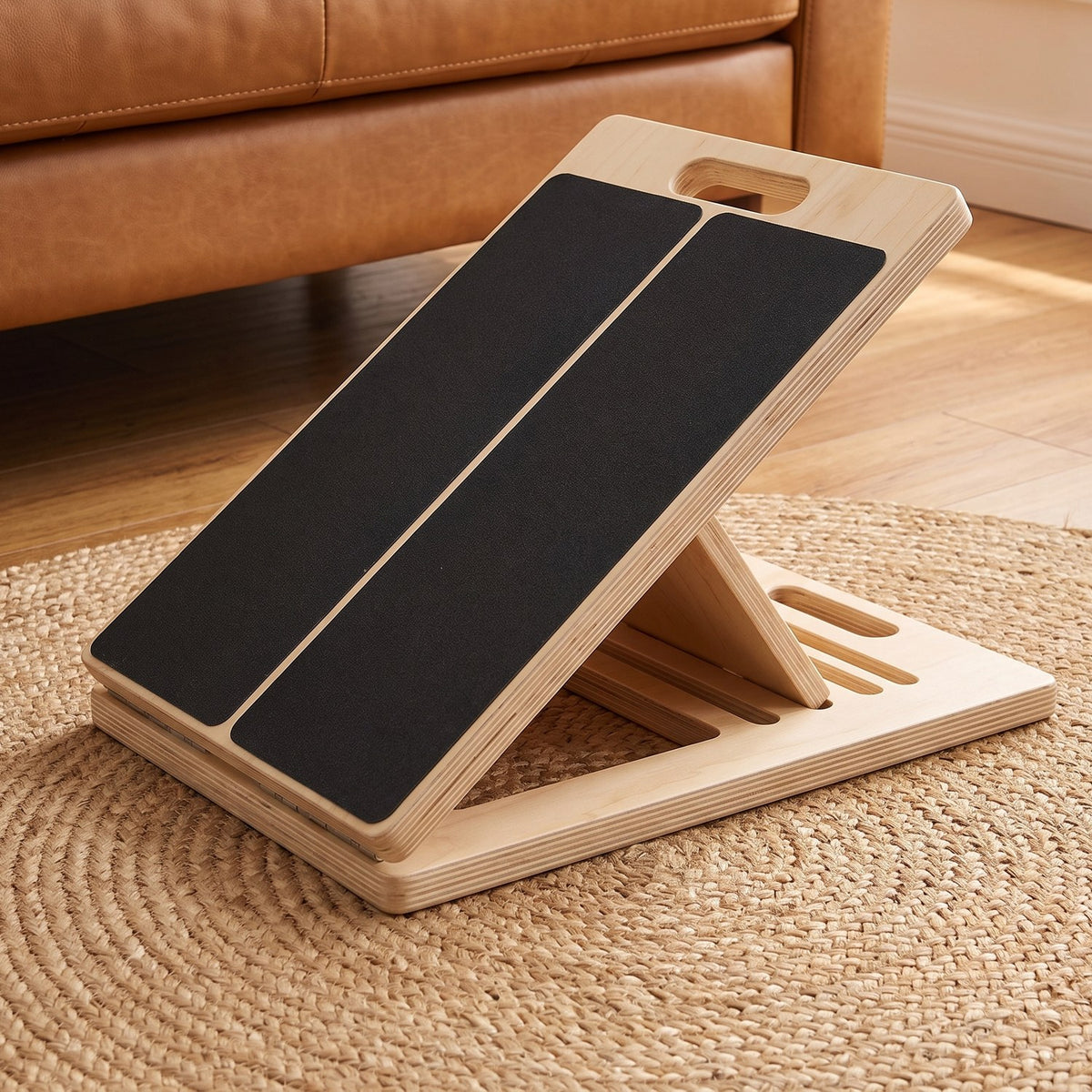 The Incline Stretch Board on a living-room rug