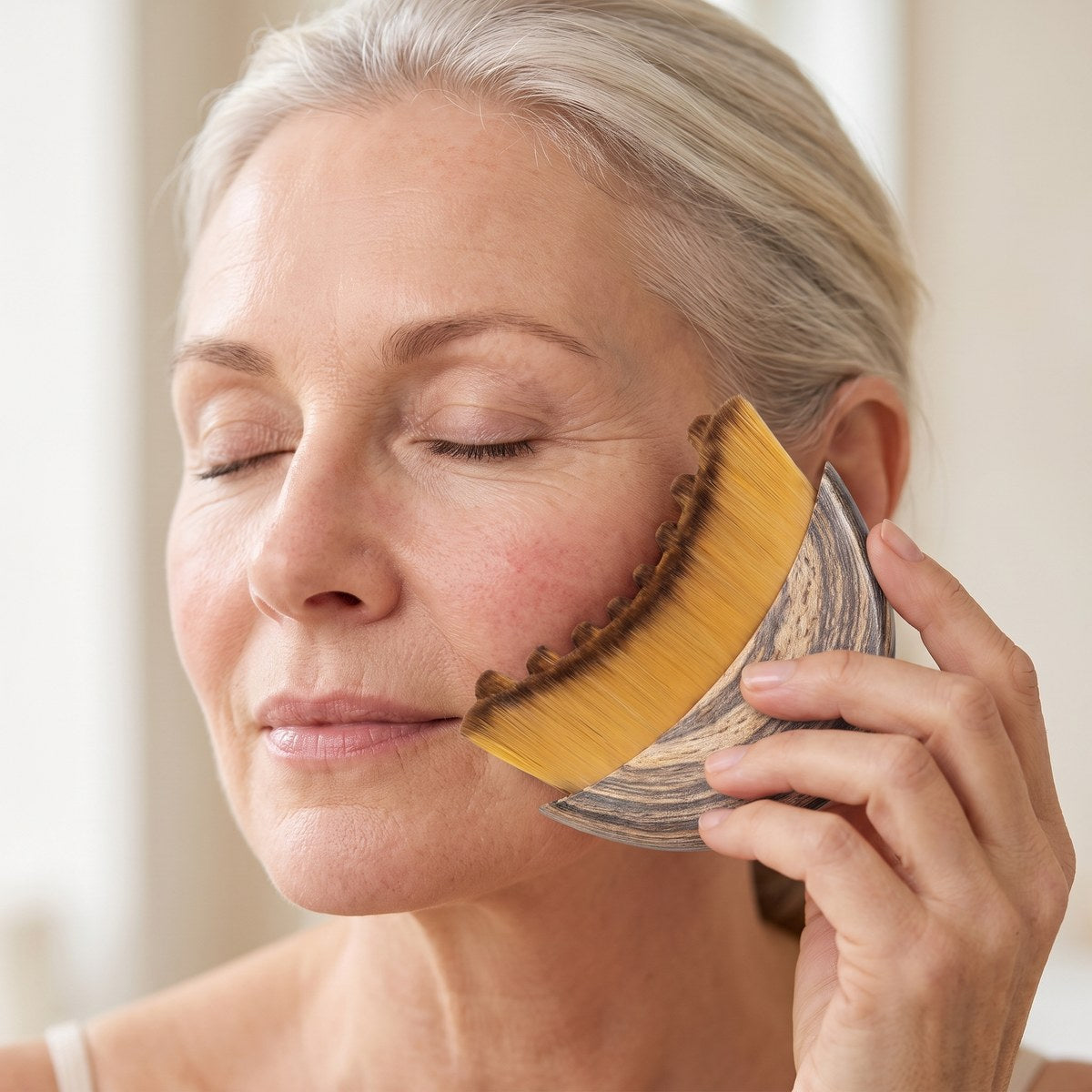 A woman with mature, sensitive skin sweeping the soft brush across her cheek