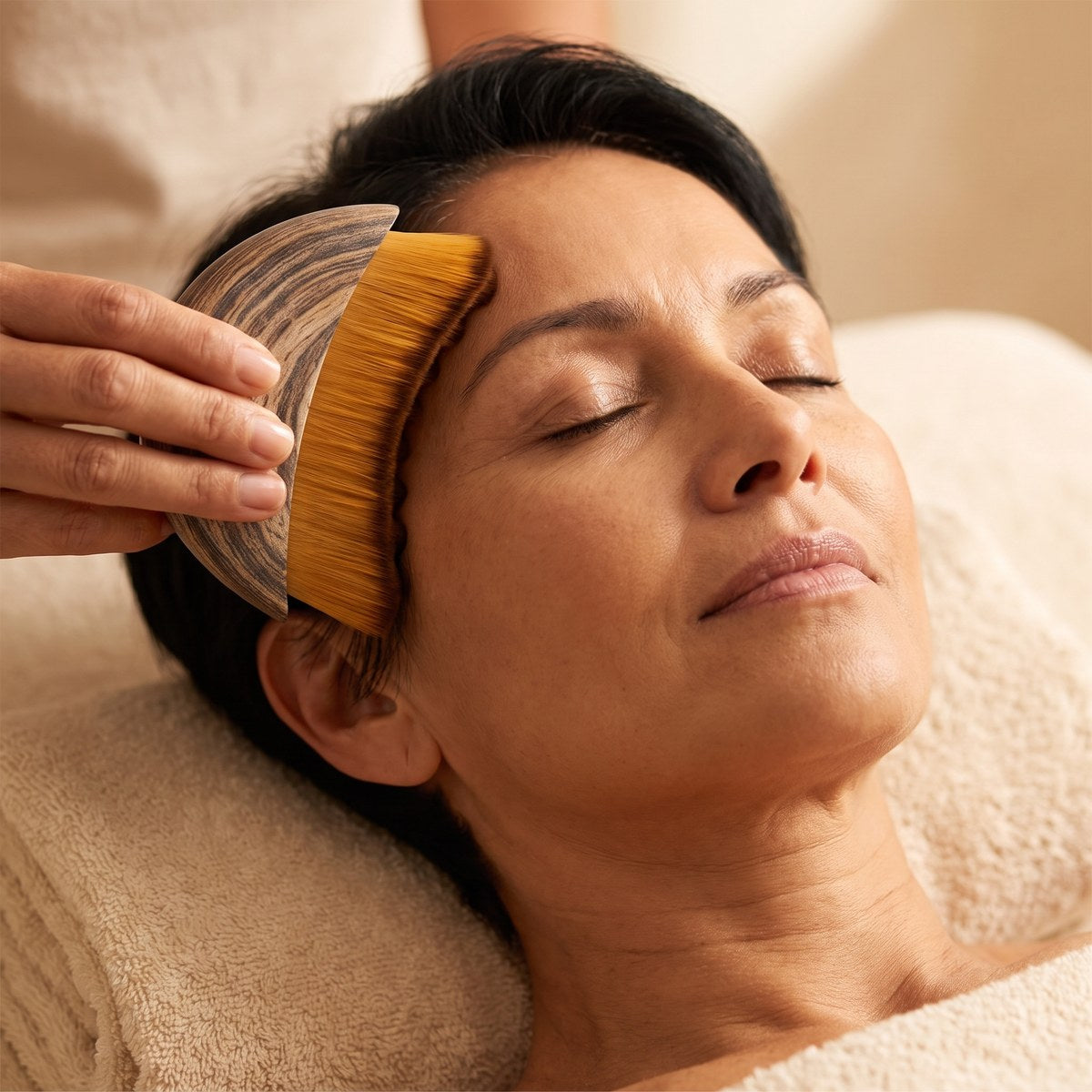 A relaxed woman with the brush at her temple