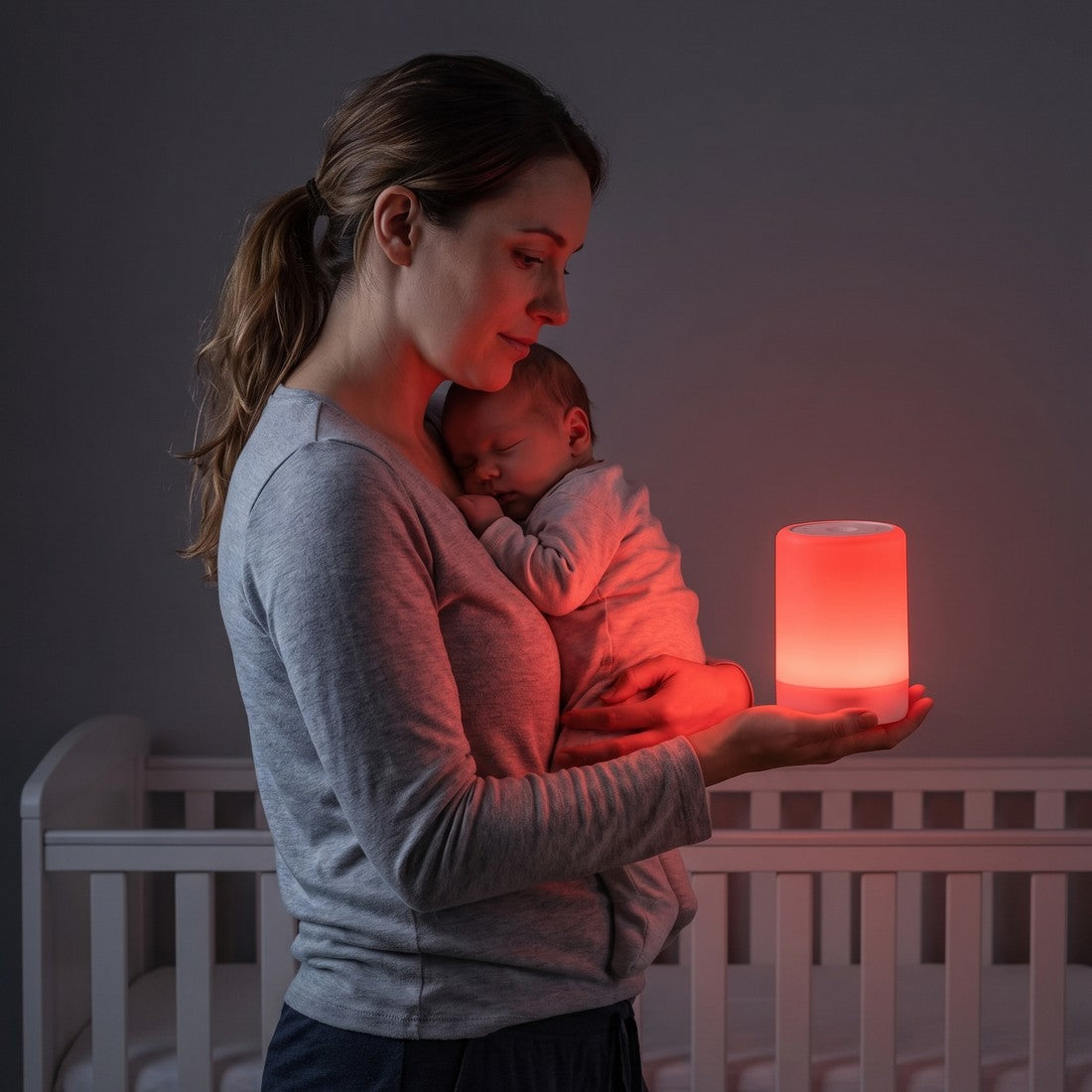 Carrying a sleeping newborn and LYSA through a dark nursery
