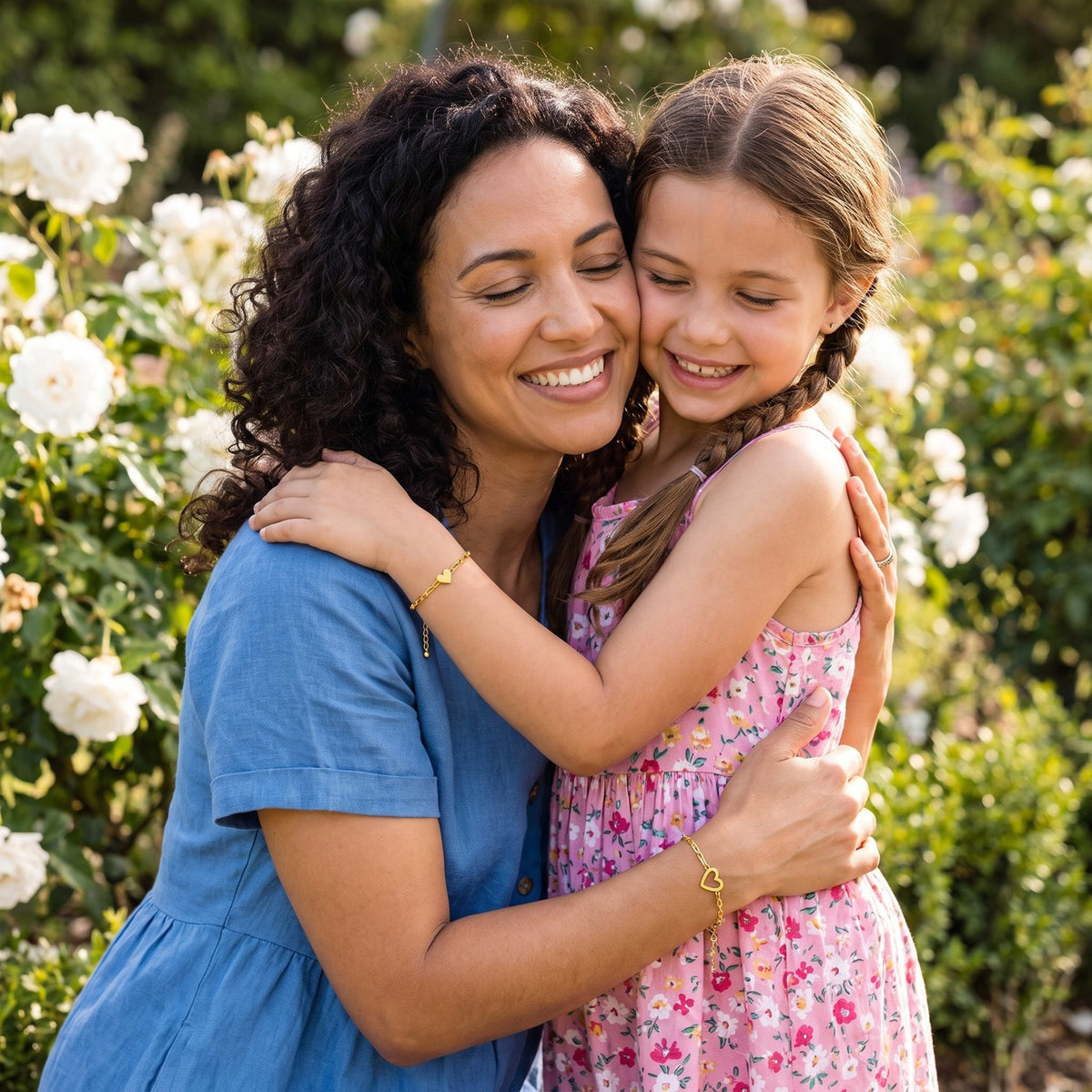 Mother and daughter hugging in the garden, both wearing NARA Bond