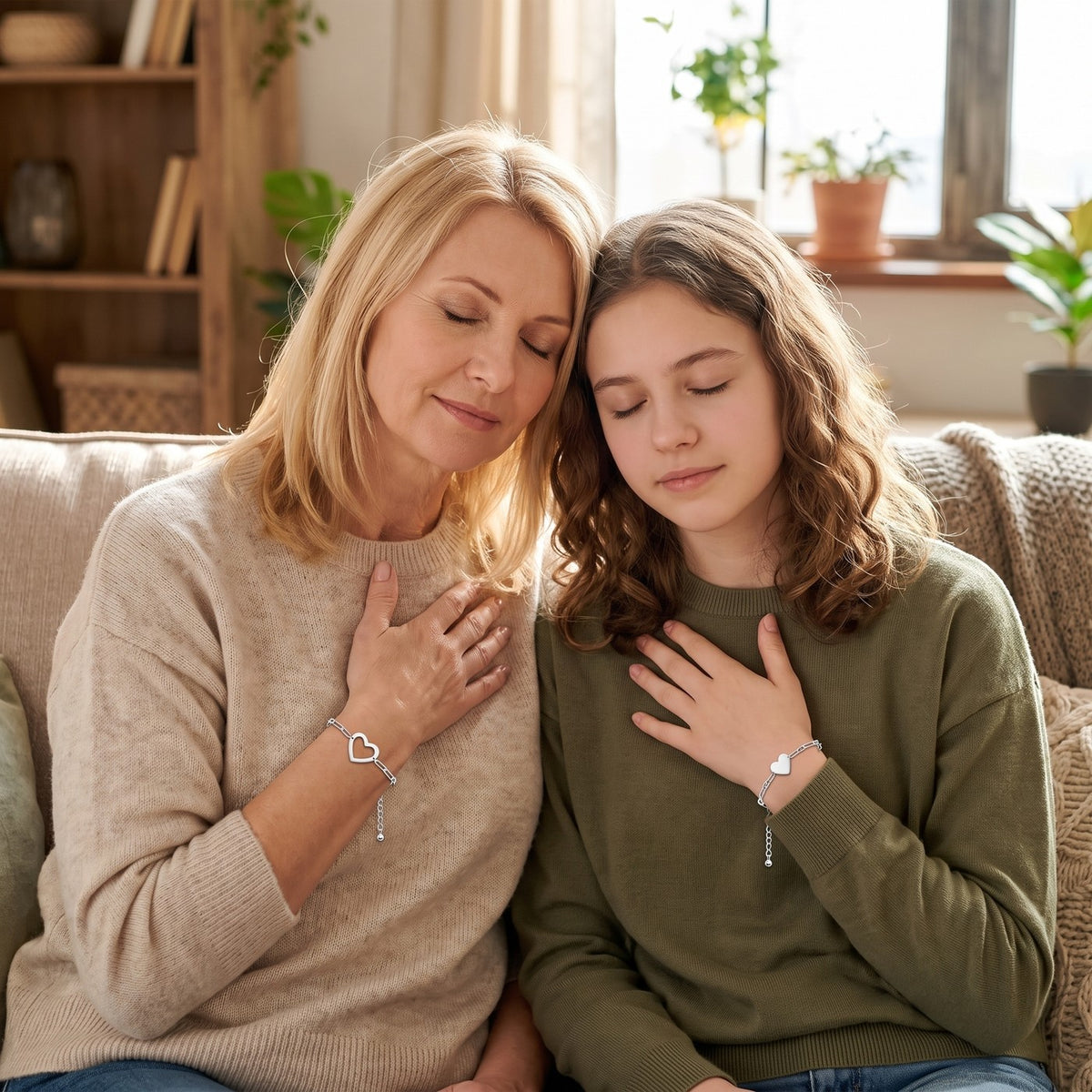 Mother and teenage daughter wearing silver NARA Bond bracelets