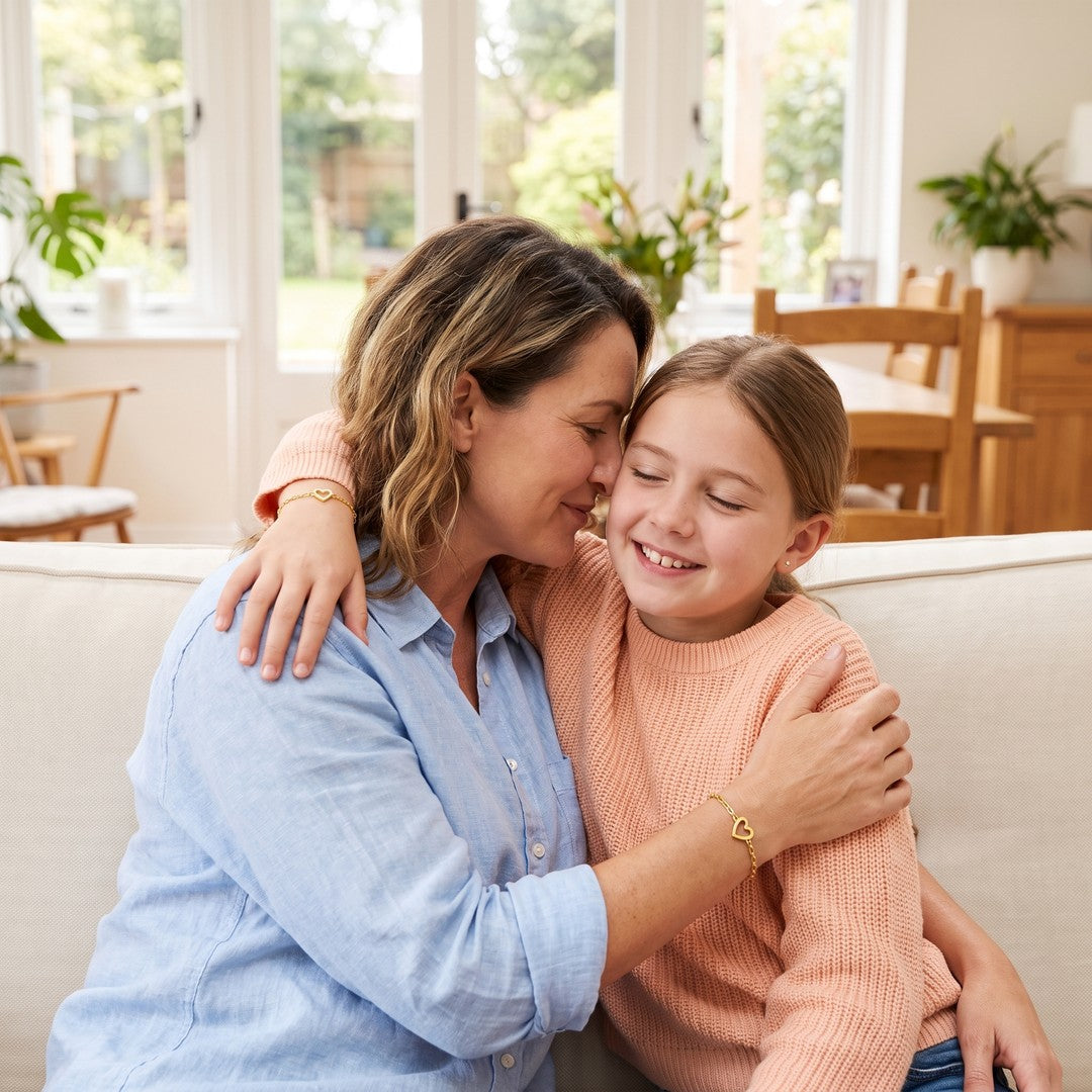 A mother and daughter hugging, both wearing their NARA Bond bracelets