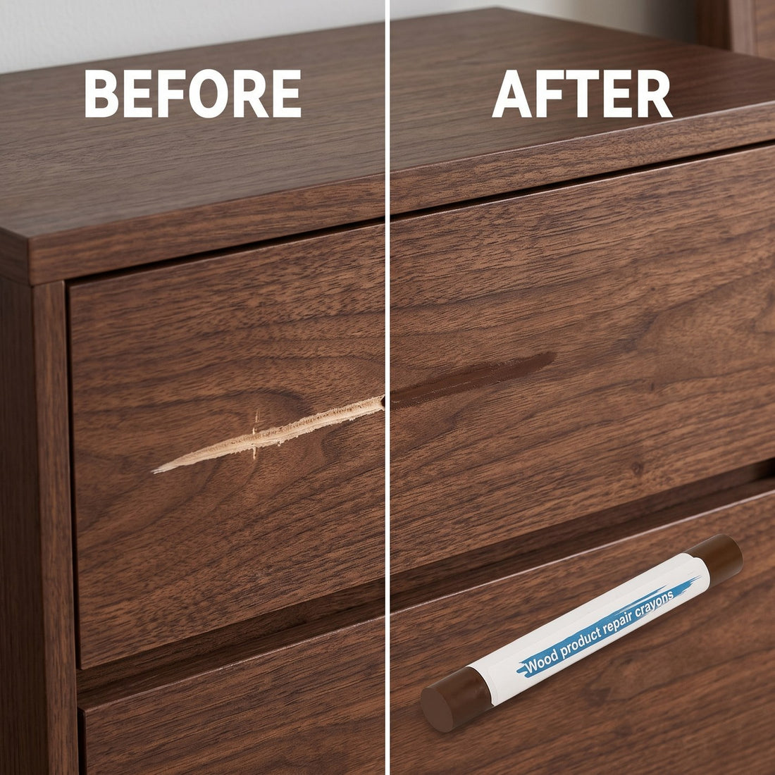 Before and after: scratch in a walnut drawer filled with REPA
