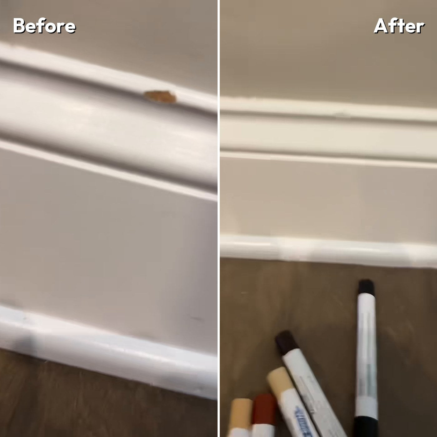 Chipped white skirting board before and after