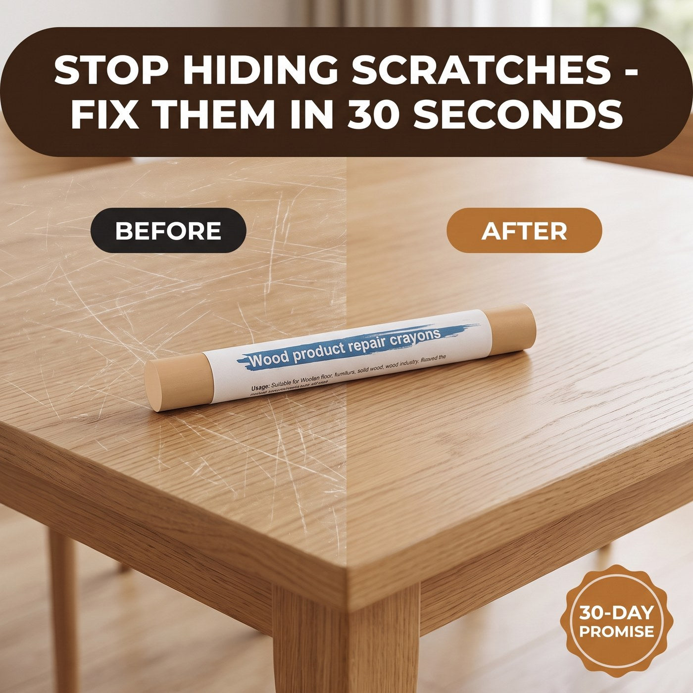 Before and after: scratched oak table top fixed with a REPA wax stick