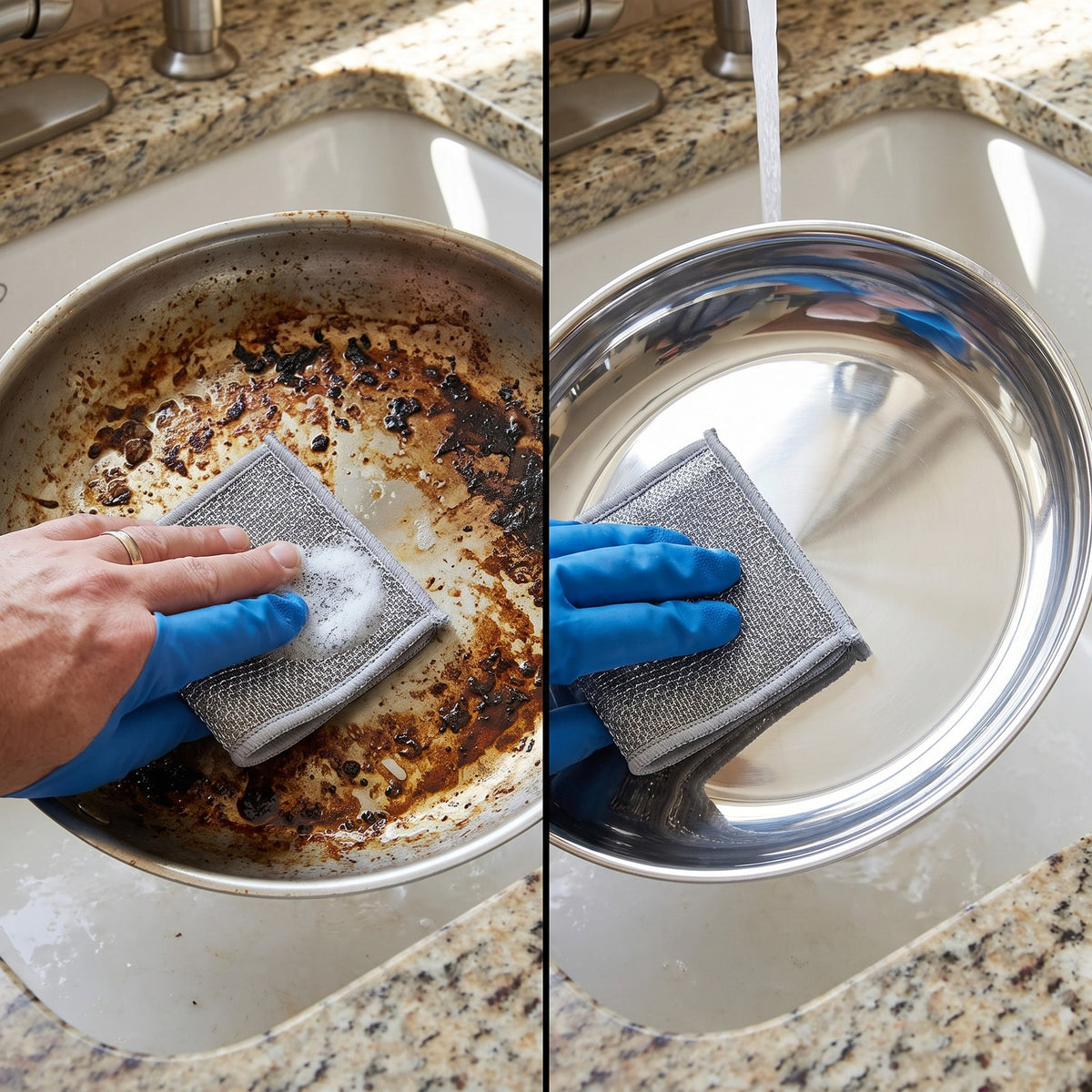 Burnt-on grease before and the same pan after one SKRUBBA cloth