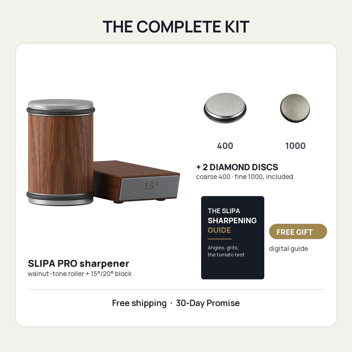 The complete SLIPA kit: sharpener, two diamond discs and a free digital sharpening guide