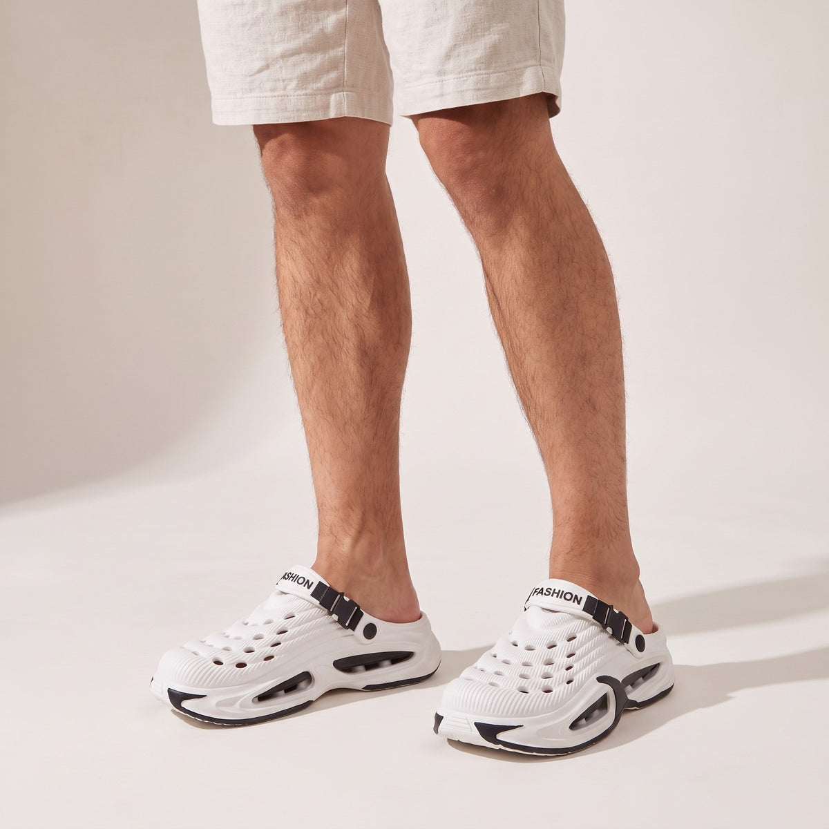 SVALA clogs worn with linen shorts