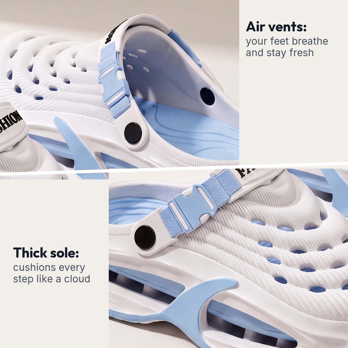 Air vents and thick cushioned sole