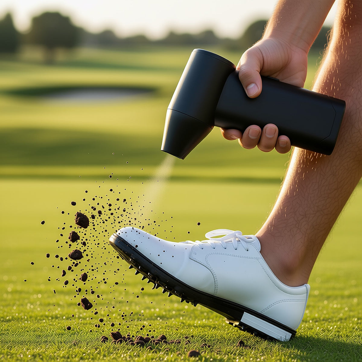 Blasting grass and dirt off golf shoe spikes with the SVEVA Air Pro