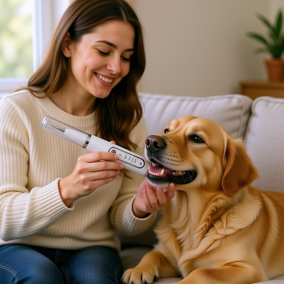 Cleaning a calm golden retriever's teeth at home with the TANDA Kit