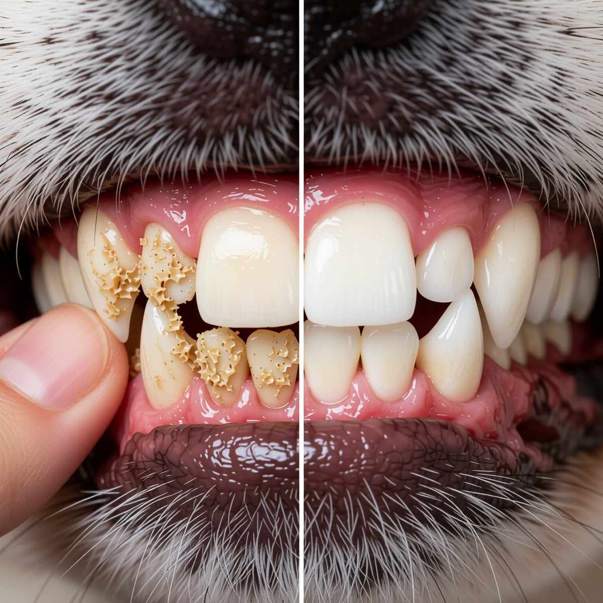 Before and after: visible tartar on a dog's teeth, then clean teeth