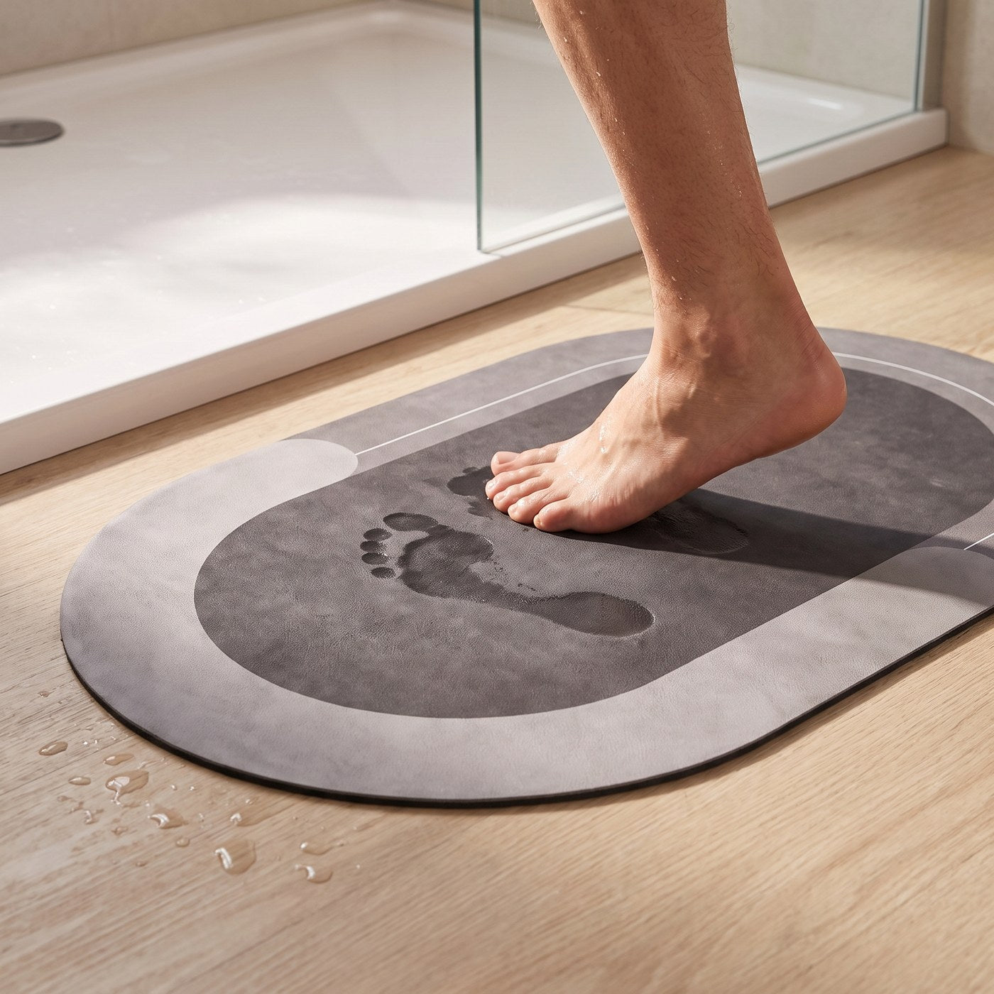 A wet foot stepping onto the Quick-Dry Mat beside a shower