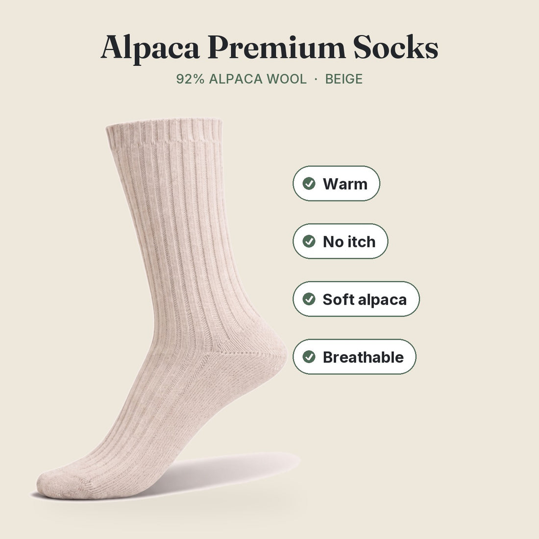Beige — TOVA alpaca wool crew sock: warm, no itch, soft alpaca, breathable