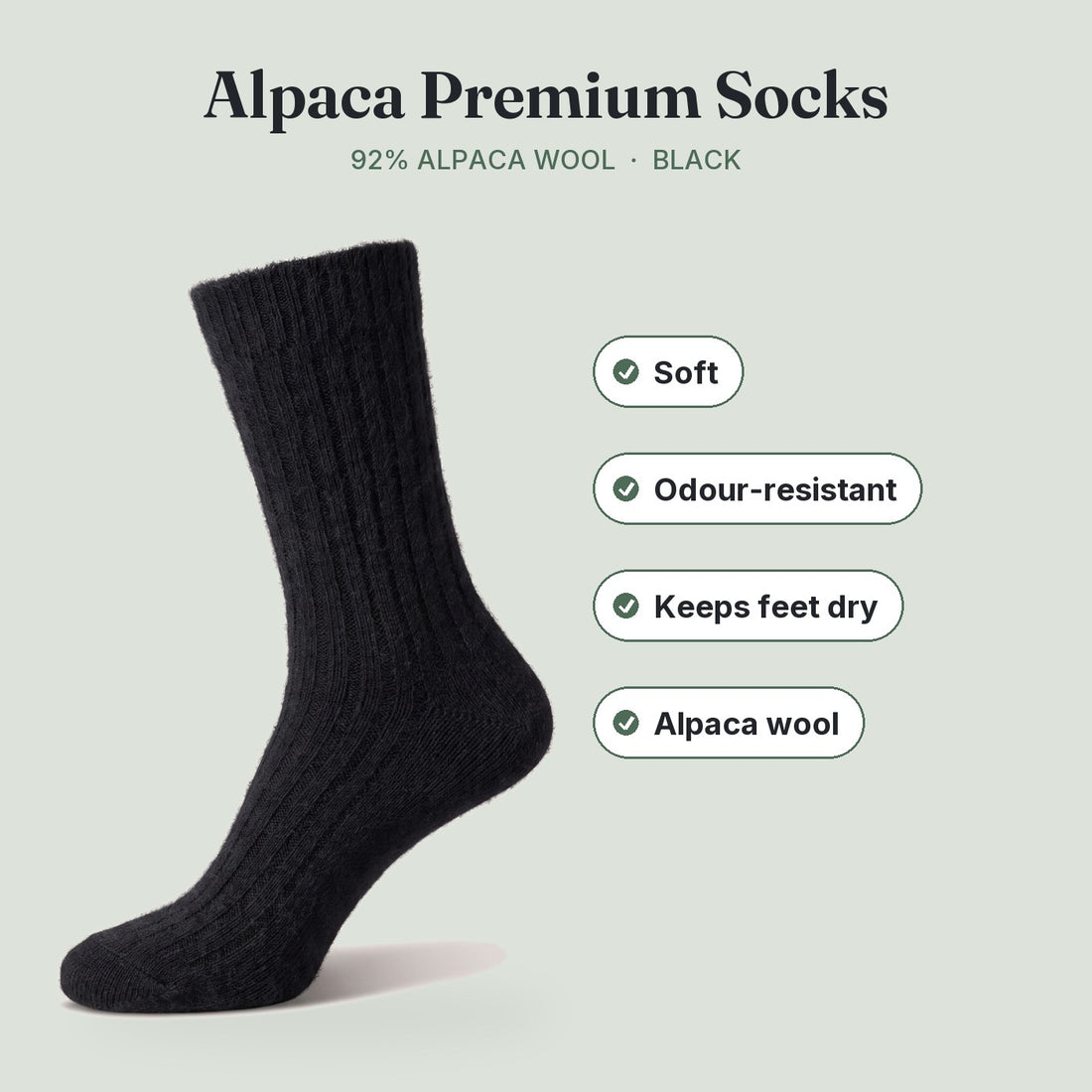 Black — TOVA alpaca wool crew sock: soft, odour-resistant, keeps feet dry
