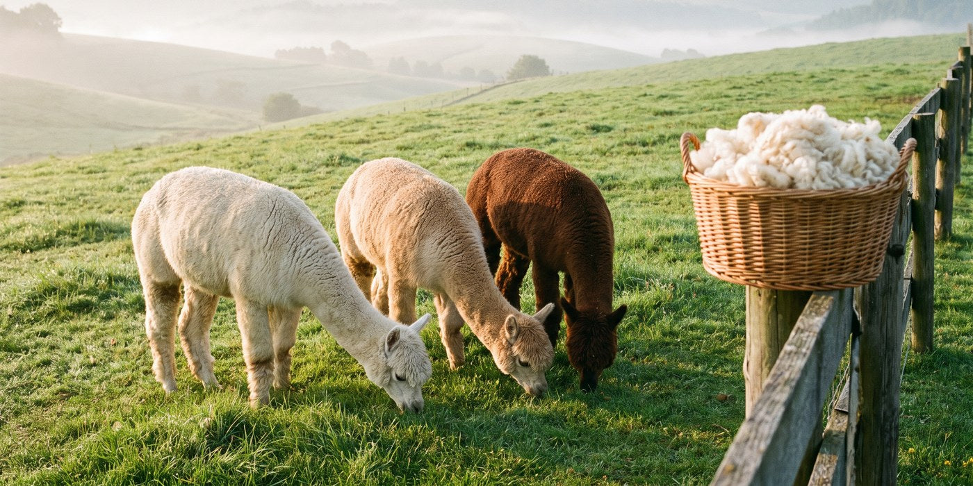 Alpacas grazing on a misty hillside