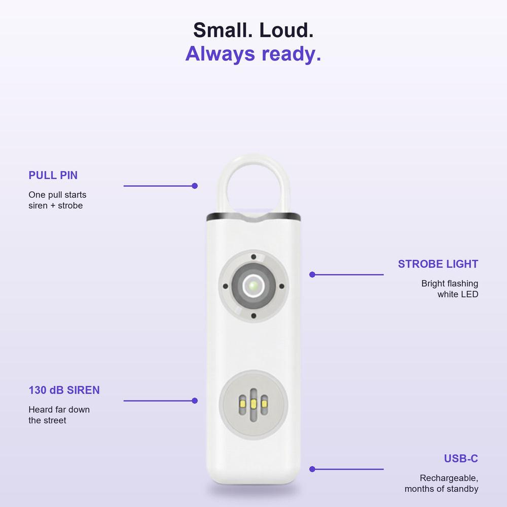 TRYGGA details: pull pin, strobe light, 130 dB siren, USB-C