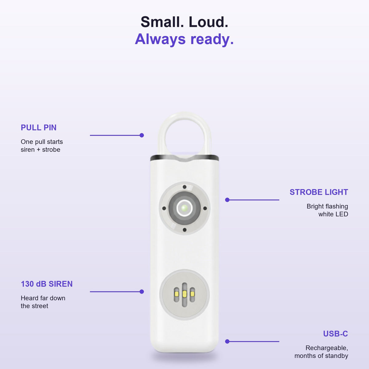 TRYGGA details: pull pin, strobe light, 130 dB siren, USB-C