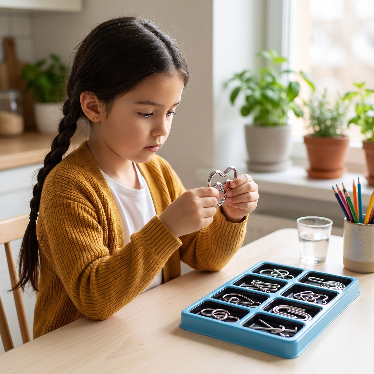 Girl at the kitchen table working a metal ring puzzle next to the open tray