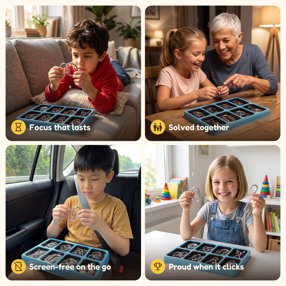 Kids solving metal ring puzzles on the sofa, with grandma, in the car and at a desk