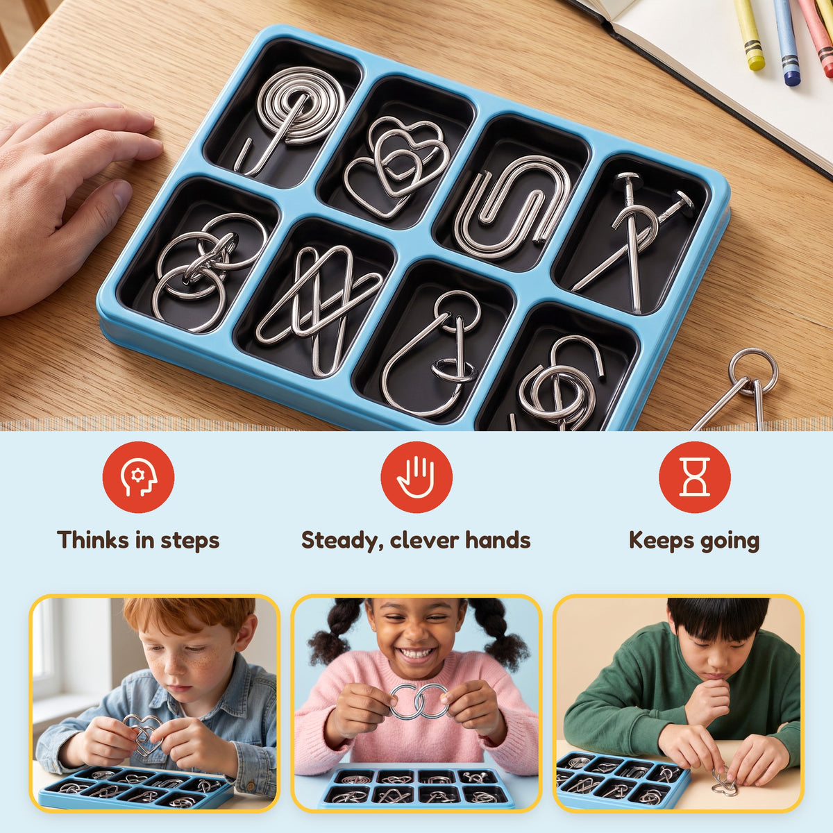 The puzzle tray on a table with three kids solving puzzles