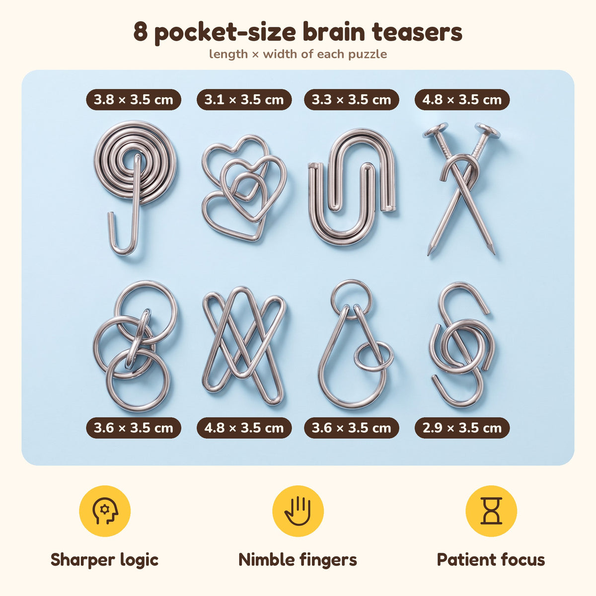 The 8 metal puzzles with their sizes, 2.5 to 4.8 cm long and 3.5 cm wide