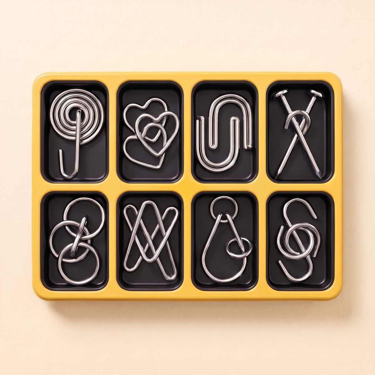 Yellow tray with 8 metal wire puzzles
