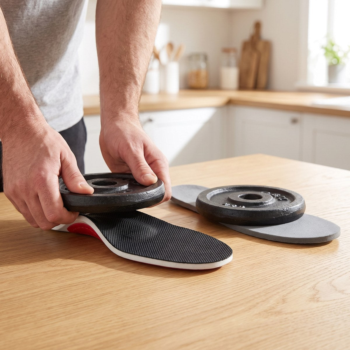 A heavy weight pressed onto the VALVA arch: it keeps its shape, while a soft insole is squashed flat