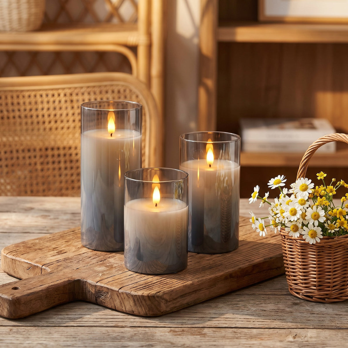 VEKE candles on a rustic wooden board with a basket of daisies