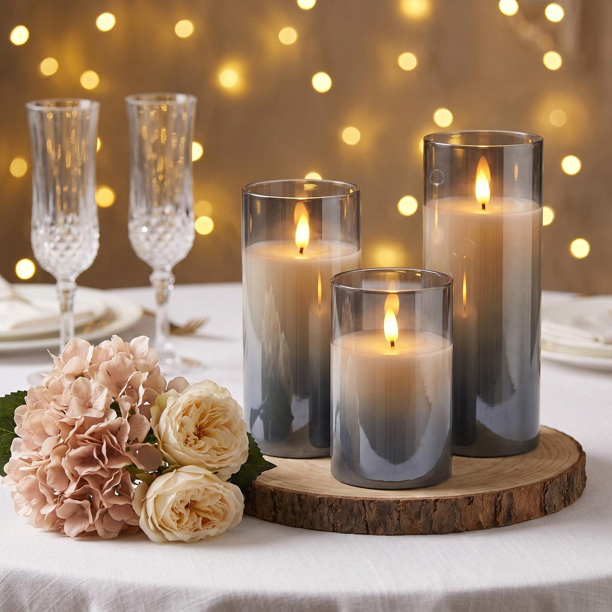 VEKE candles on a festive table with hydrangeas and champagne glasses