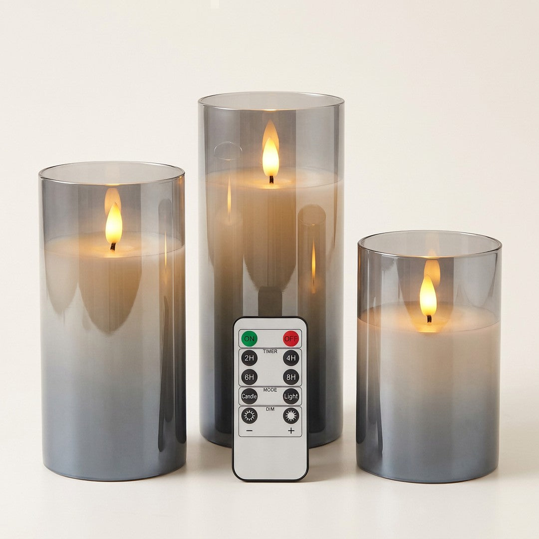 The three VEKE candles and the remote that come in every set